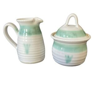 Jack Hernig NC Artist Studio Pottery Cream & Sugar Set Green- White Signed 2000